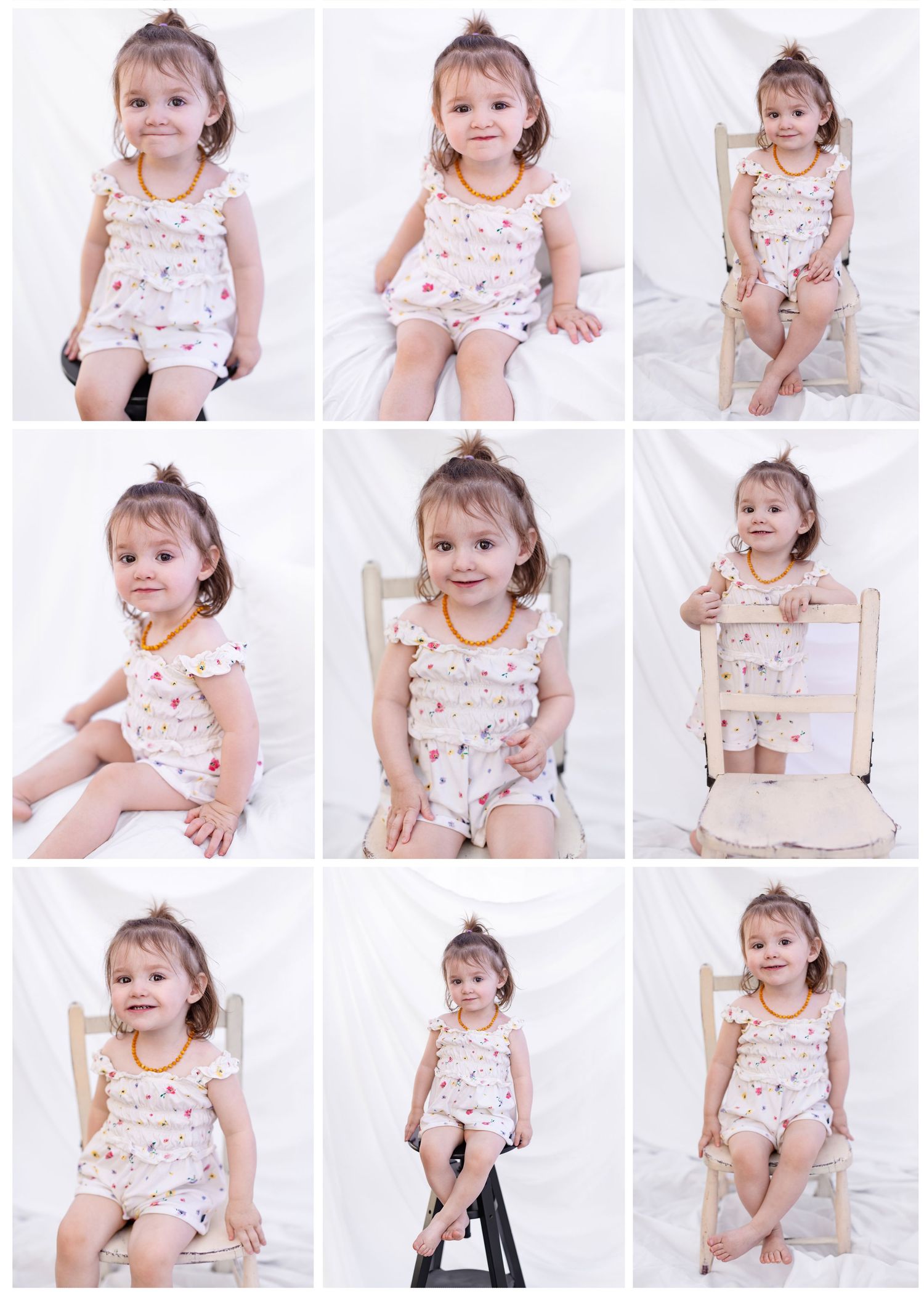 Small child in floral pajamas poses playfully on white bedding in various candid shots during a photo session. Cloverdale Market Days