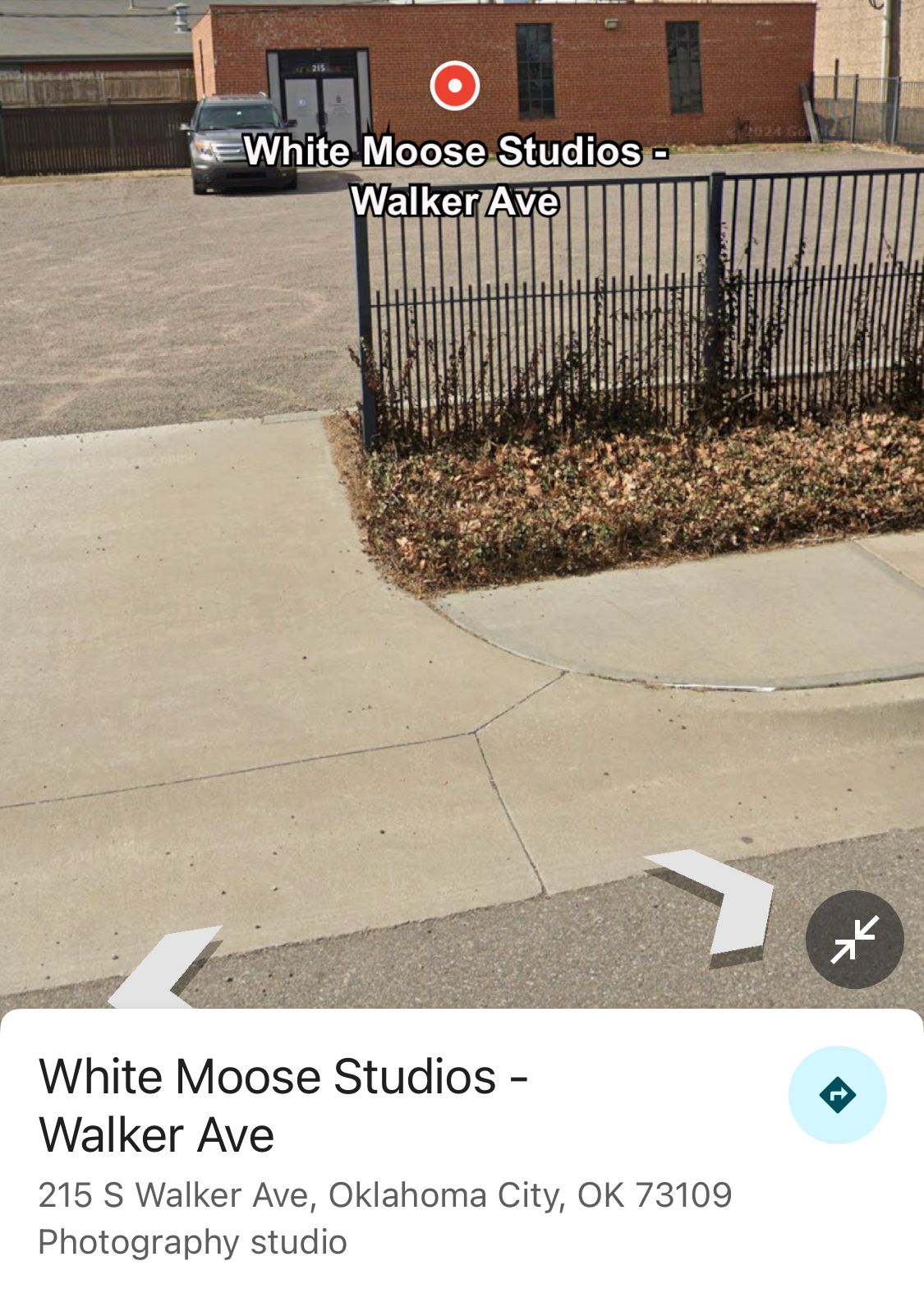 Street view of White Moose Studios photography studio entrance on Walker Ave in Oklahoma City.
