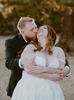 A couple in wedding attire share intimate kisses while embracing outdoors in a romantic series of photos.