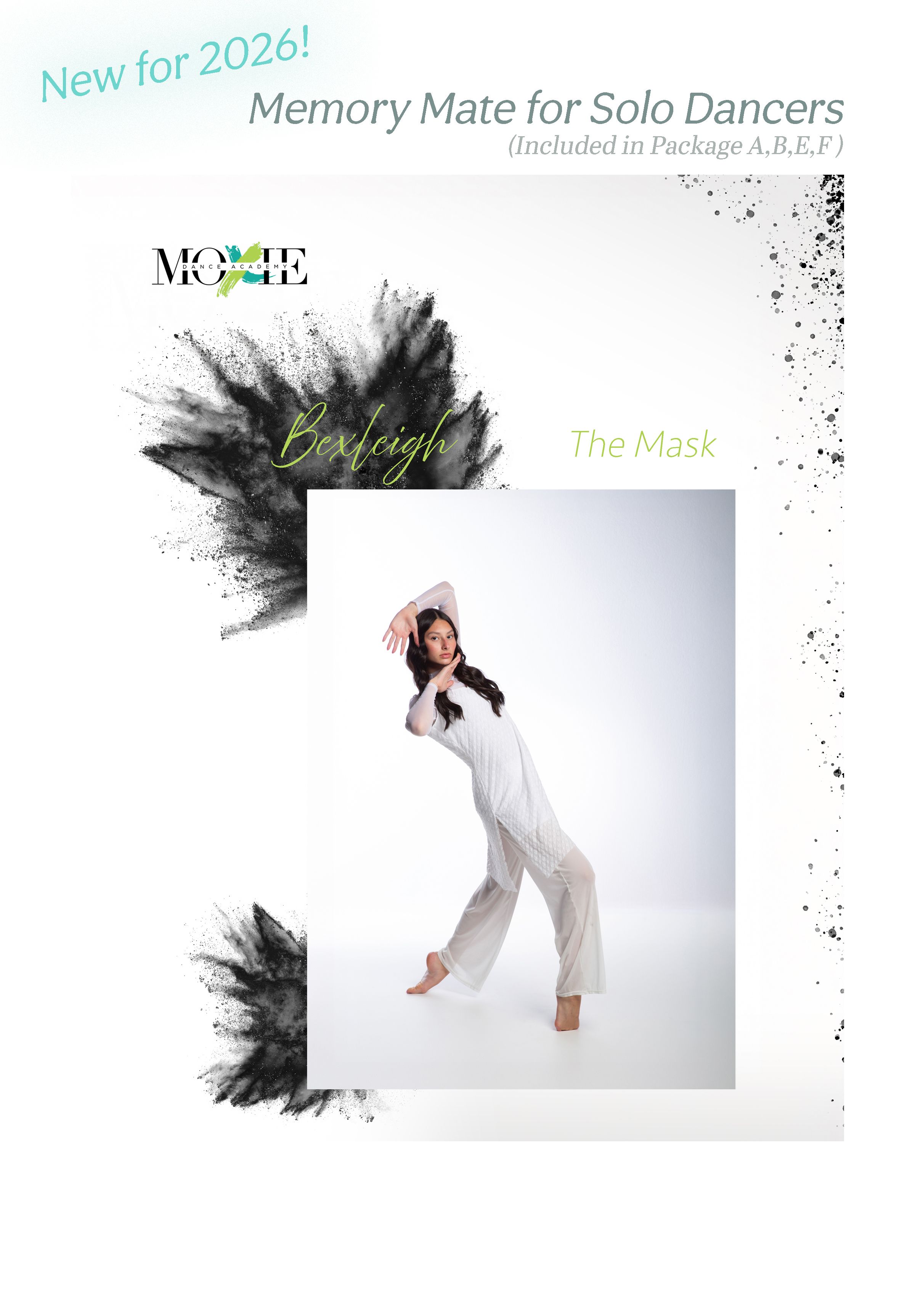Dance promotional image showing a solo performer in white against a black and white artistic background.