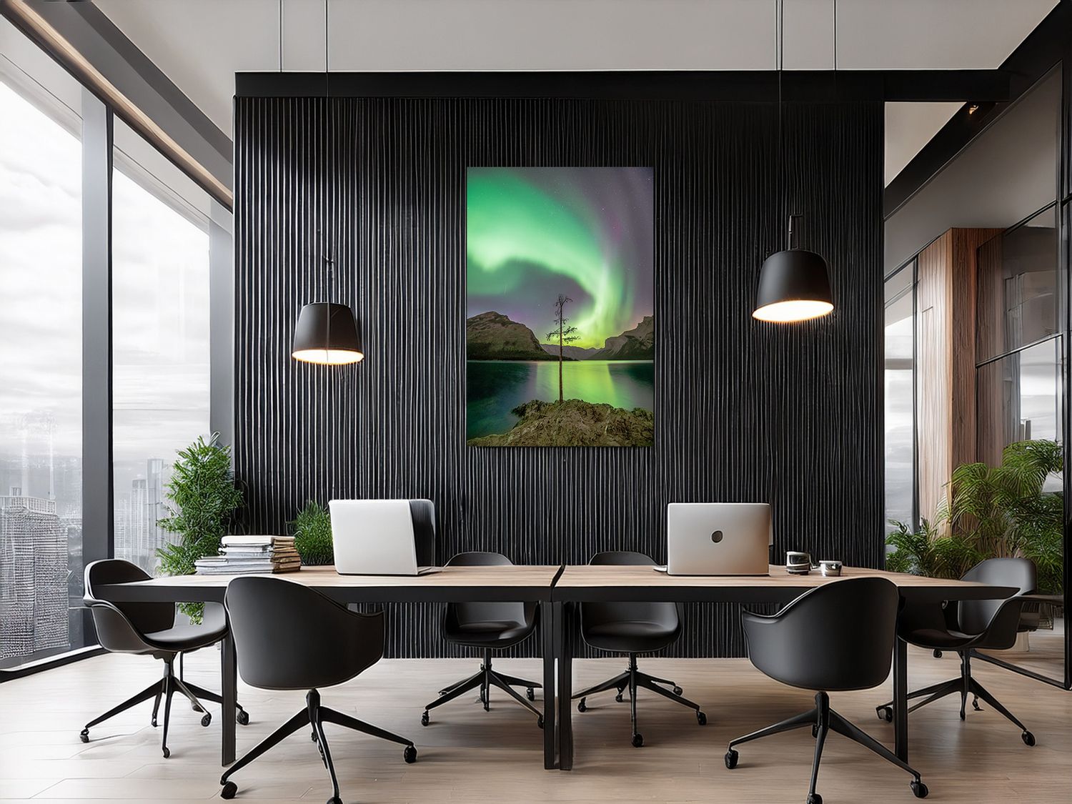 Modern office space with northern lights artwork on black wall and sleek conference table setup.