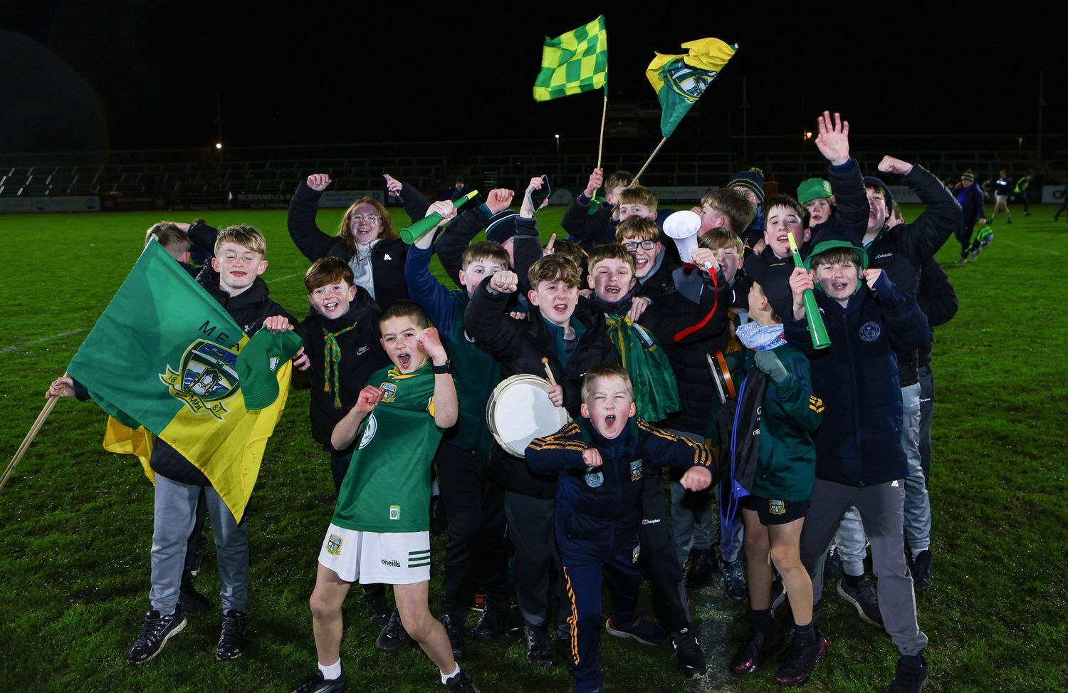 Jubilant supporters celebrate with flags and team colors after a Gaelic football match victory.