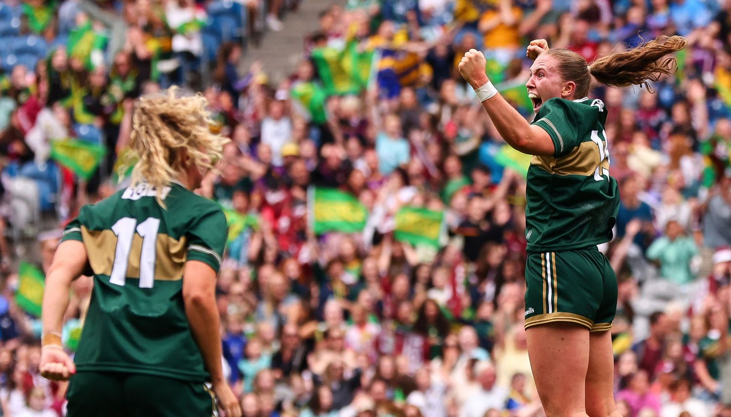 Kerry ladies footballers celebrate a score during a Gaelic football match at Croke Park stadium.