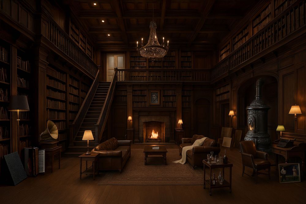 Grand vintage library with wooden bookshelves, chandelier, and fireplace creating warm ambiance.