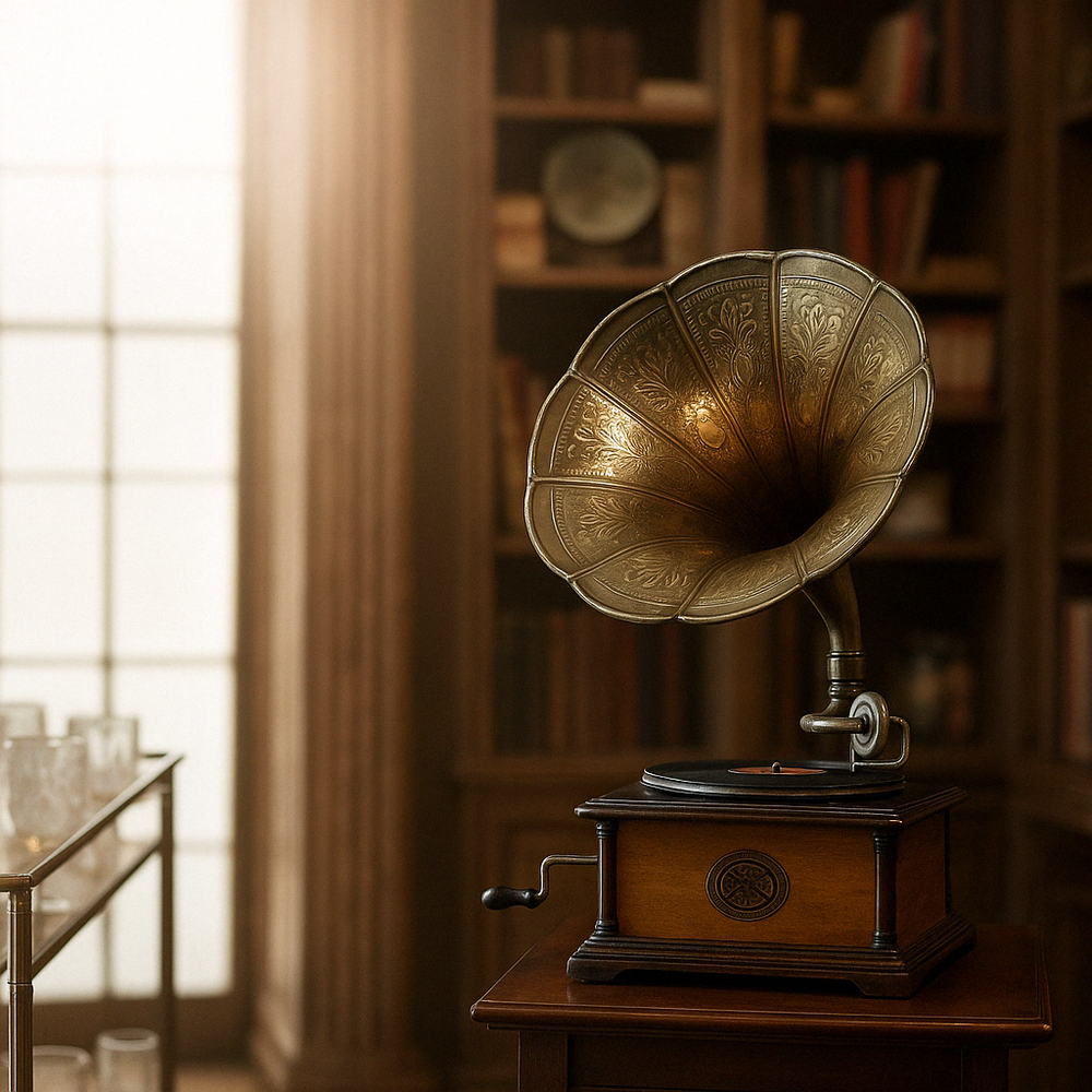 Vintage gramophone with ornate brass horn sitting on wooden table in sunlit library.