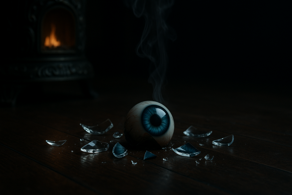 A glowing blue electronic eye with metallic wings sits ominously in dark shadows with firelight in the background.