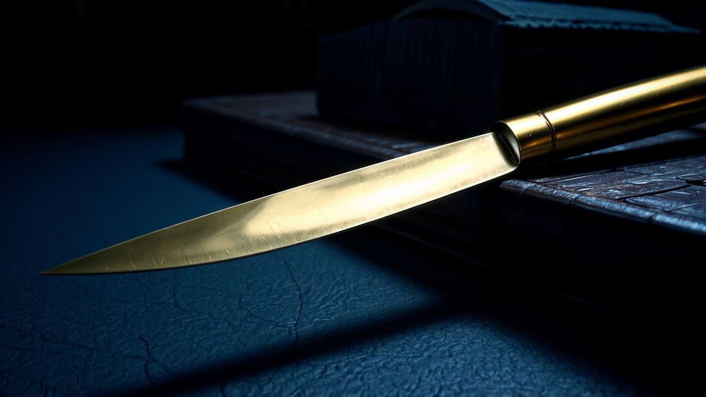 A sharp golden letter opener or knife blade reflecting light against a dark blue backdrop.