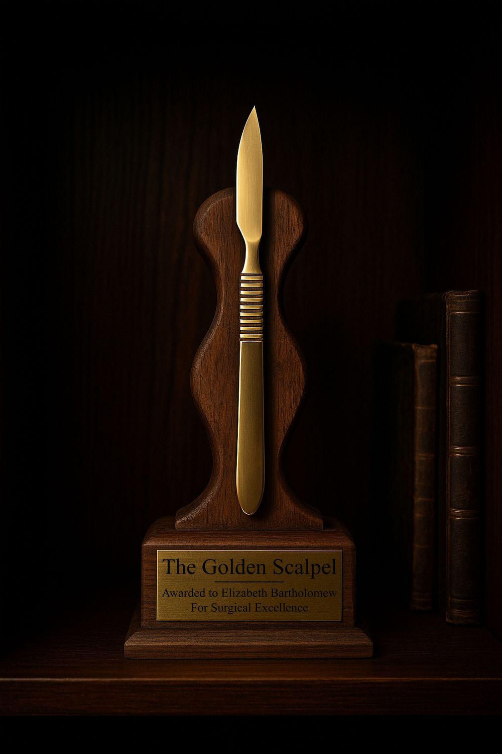 A dramatic sequence of still life shots showing a letter opener and books in moody, low-key lighting on a wooden shelf.