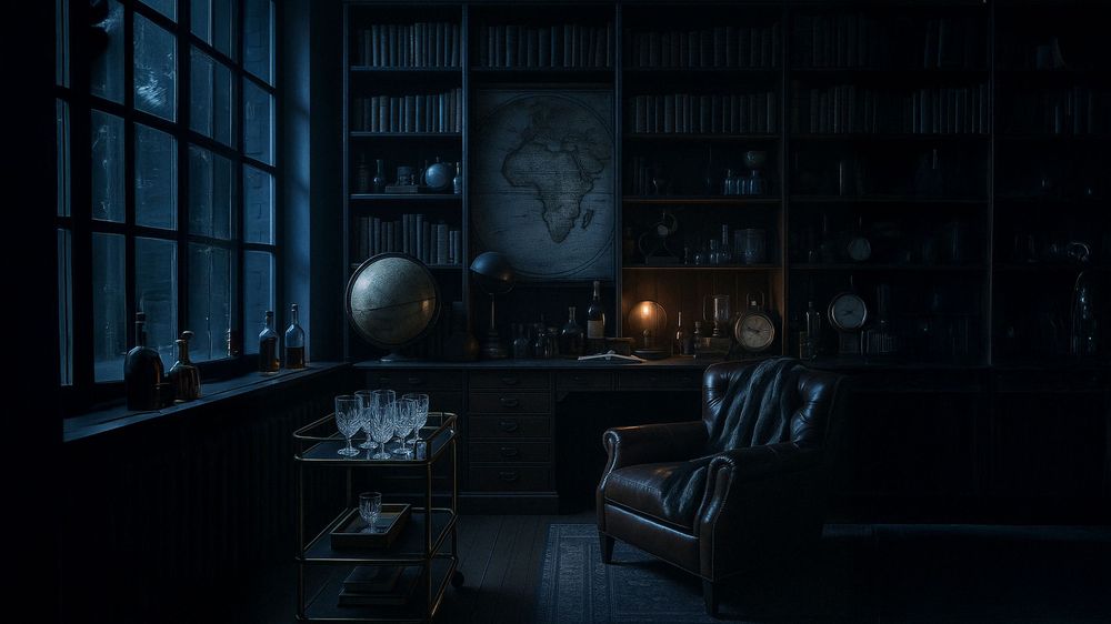 A moody dark study room at night with candlelight illuminating vintage furniture, books, and a globe by the window.