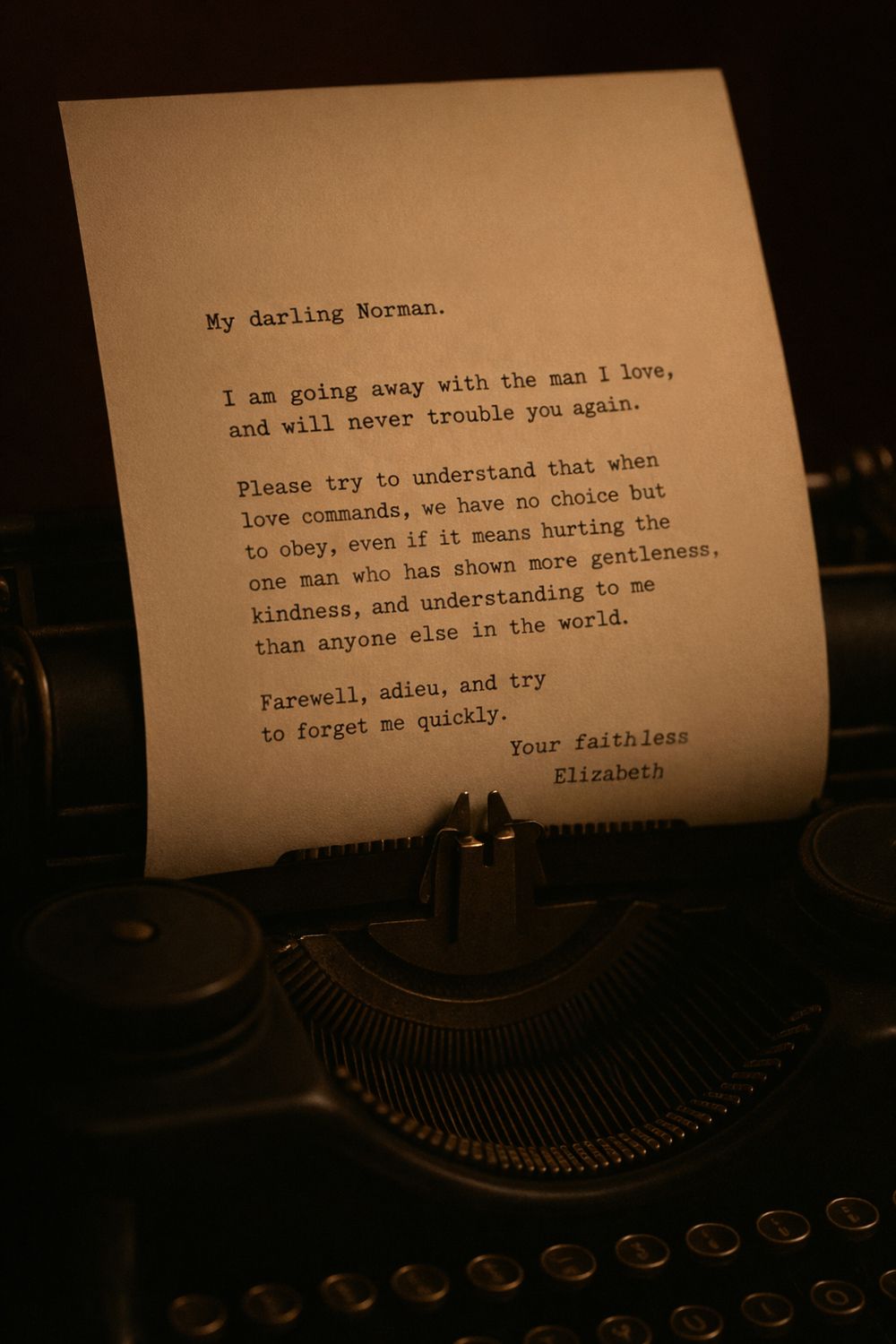 A vintage typewriter types out a farewell letter in dramatic lighting against a dark background.
