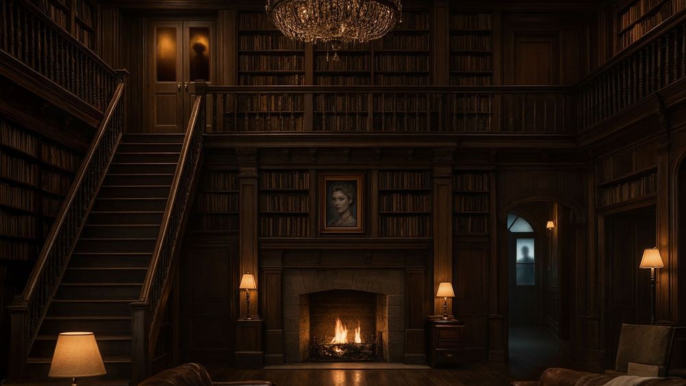 A cozy library interior with wooden paneling, a fireplace, bookshelves, and warm lighting from wall sconces and a chandelier.