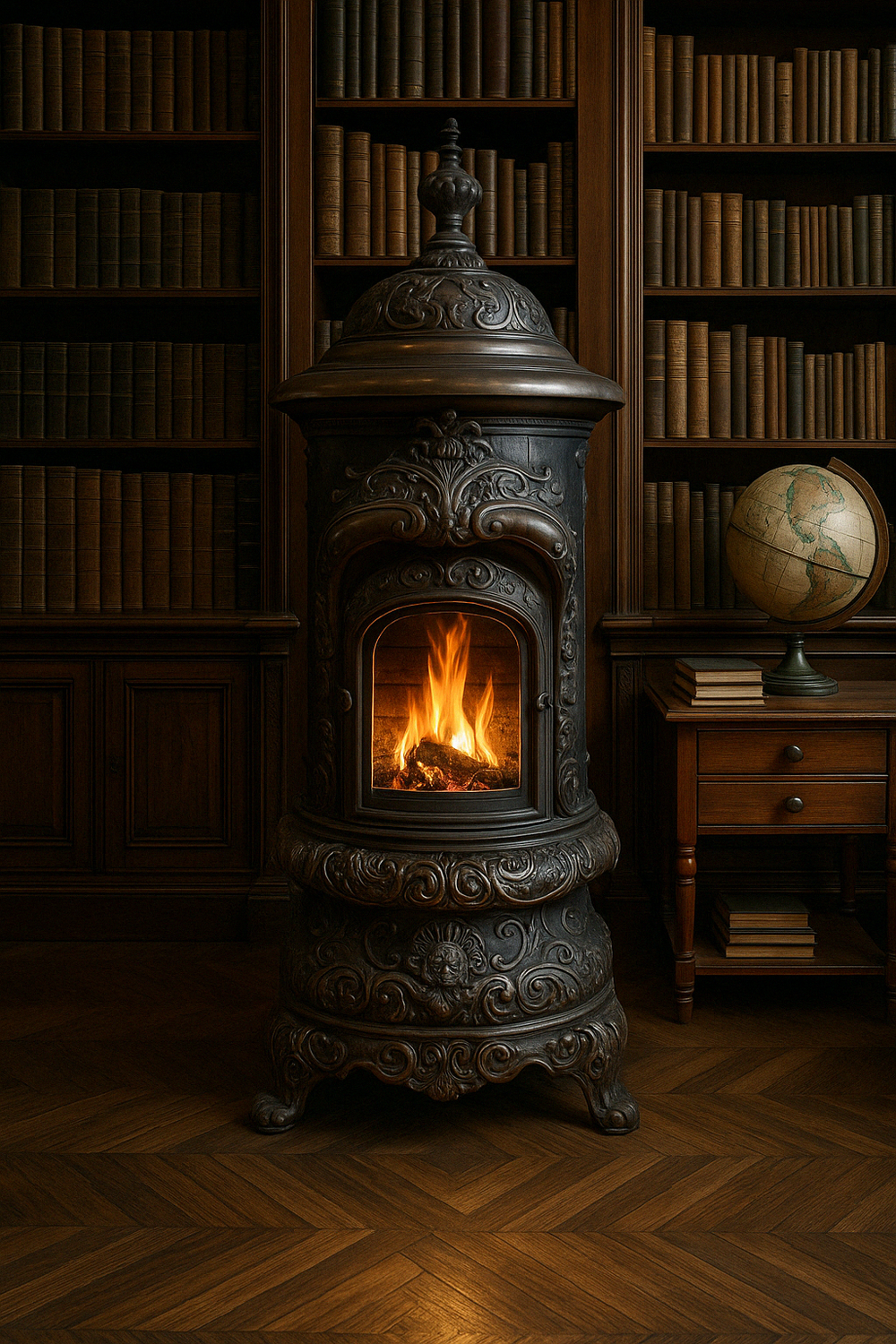 Ornate vintage pot belly stove burning brightly in traditional library with wood floors and globe.