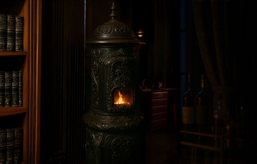 Antique metal stove with intricate patterns and burning flames next to wooden bookshelves.