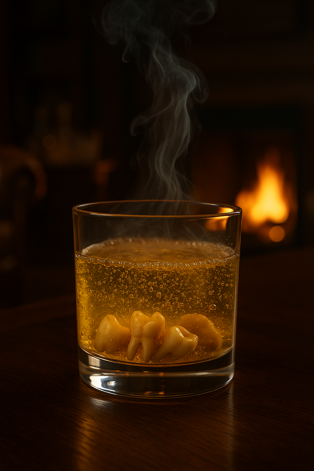 Smoky steam rises from a glass of golden whiskey with ice cubes in a dimly lit room with warm lighting.