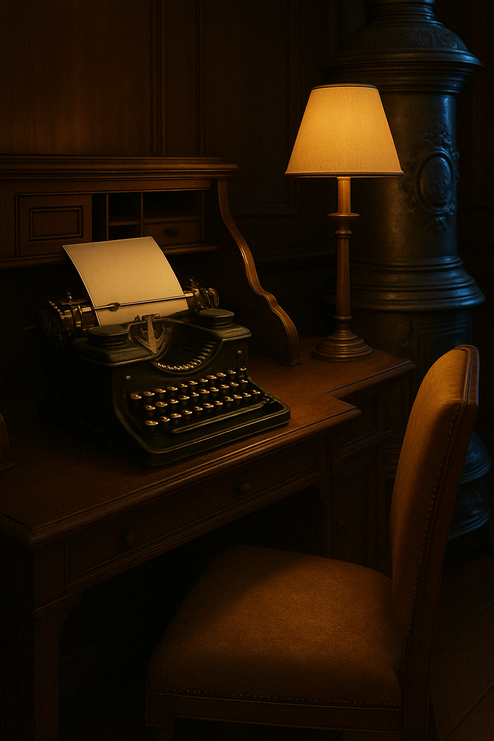 Vintage typewriter and table lamp on wooden desk in moody lighting.