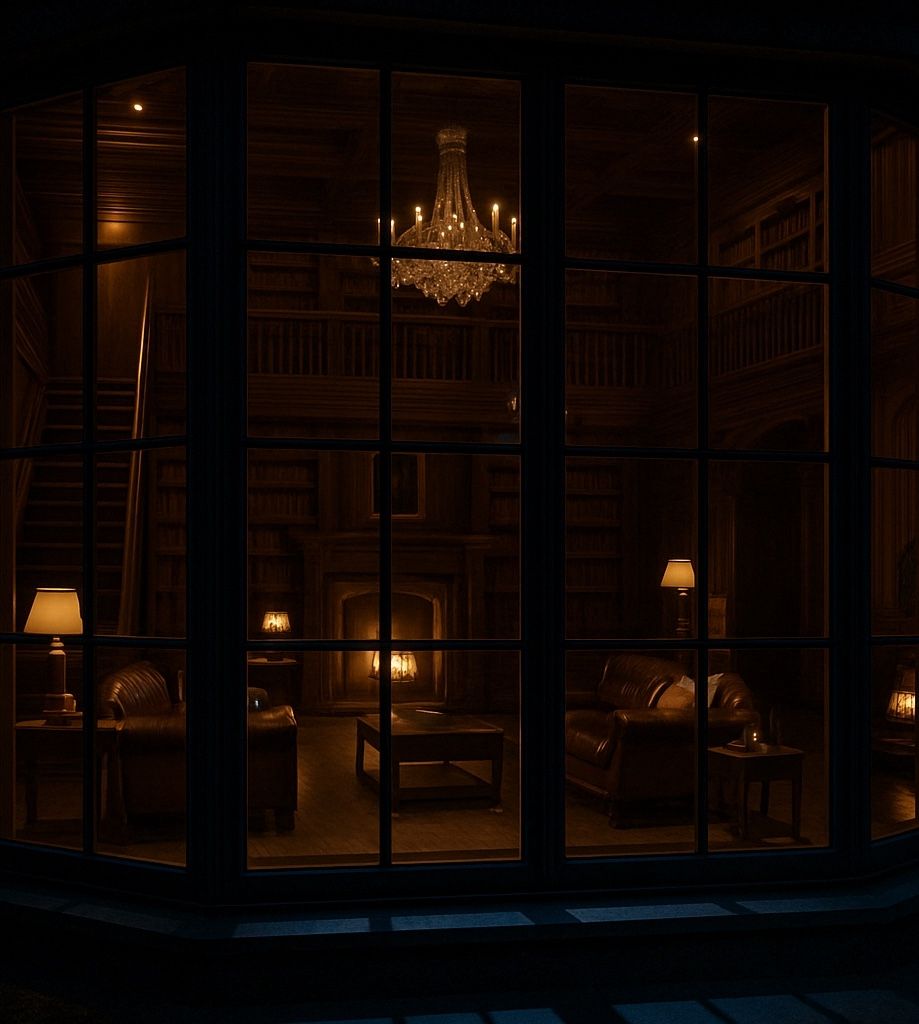 Elegant library interior at night with chandelier and warm lighting seen through large windows.