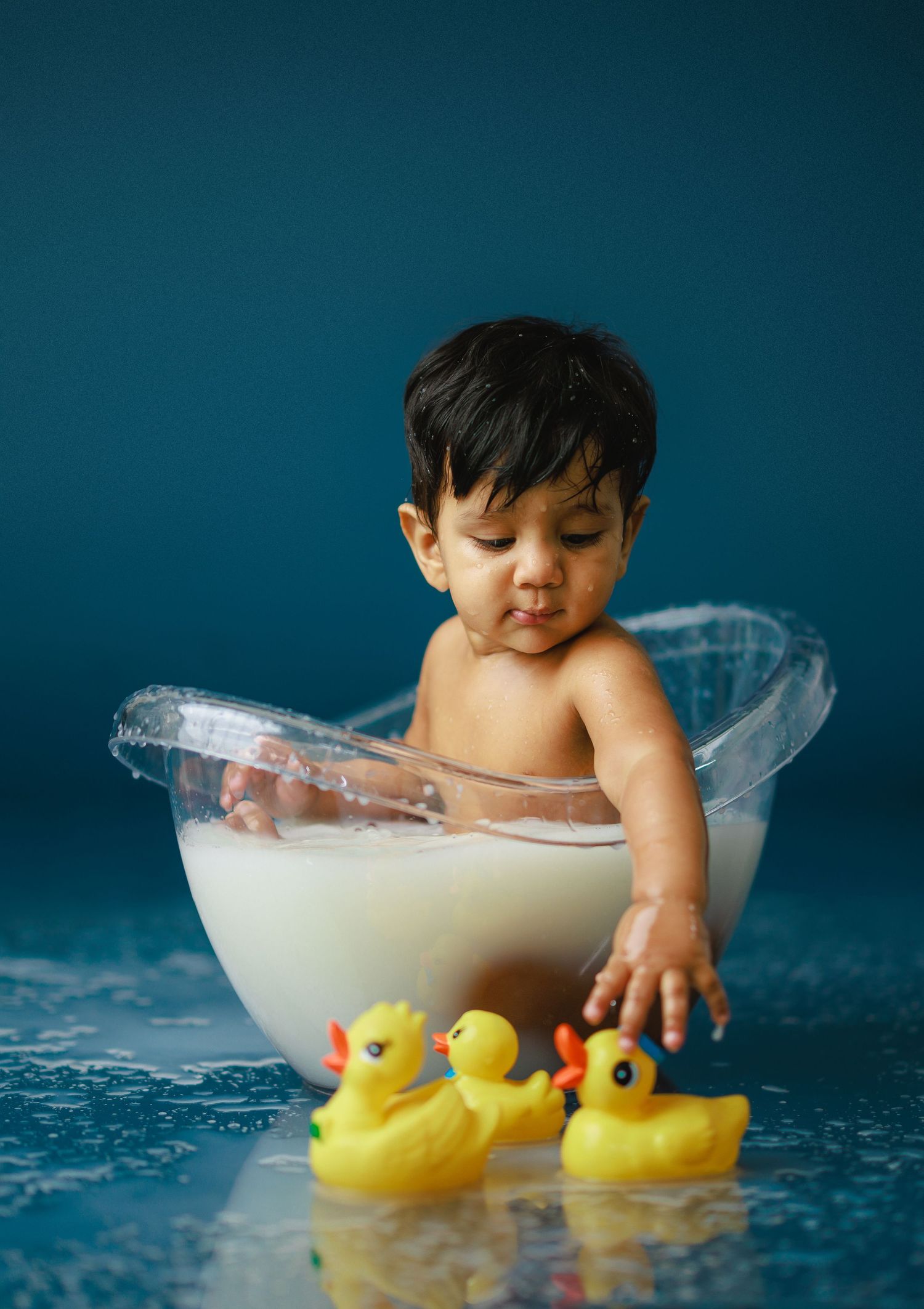 A milk bath photography session featuring a young child playing with yellow rubber ducks.