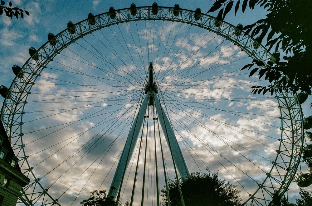 London Eye Ferris wheel silhouetted against dramatic cloudy sky with tree branches framing the shot.