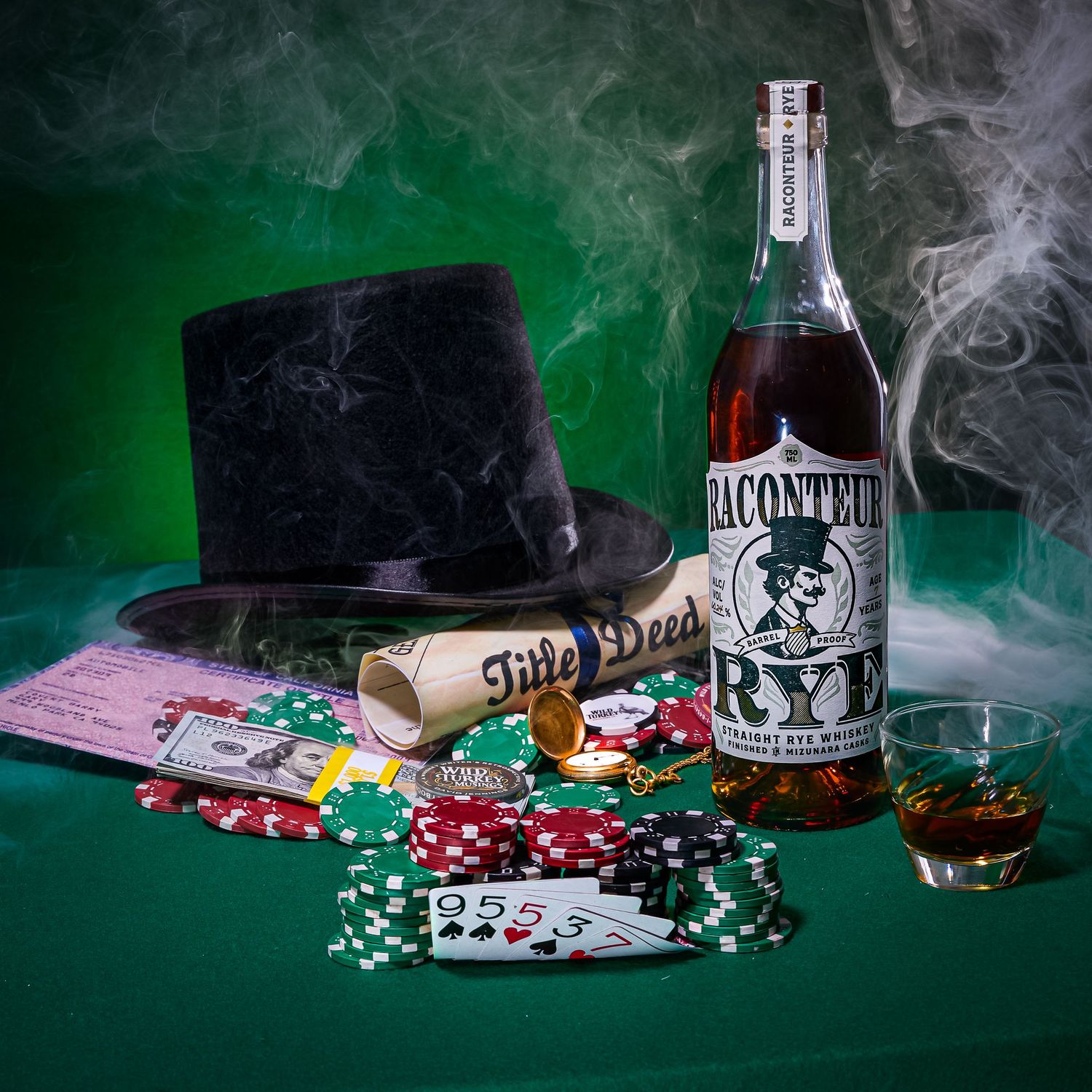 Poker scene with a Raconteur Rye whiskey bottle, top hat, playing cards, casino chips and smoke on green felt table in dramatic lighting.
