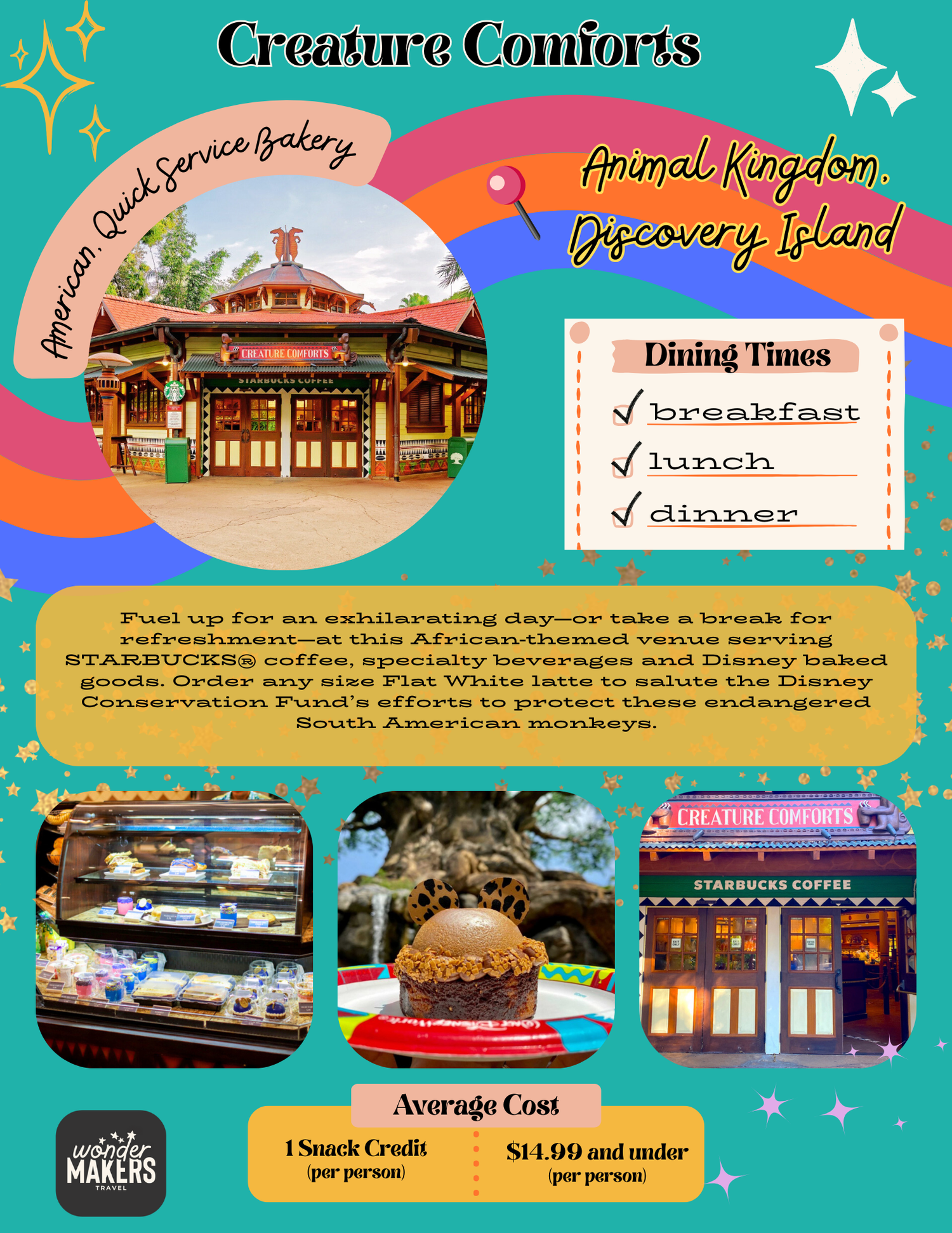 Colorful theme park restaurant menu board featuring dining times and food photos with a rainbow arch design and sparkle details.