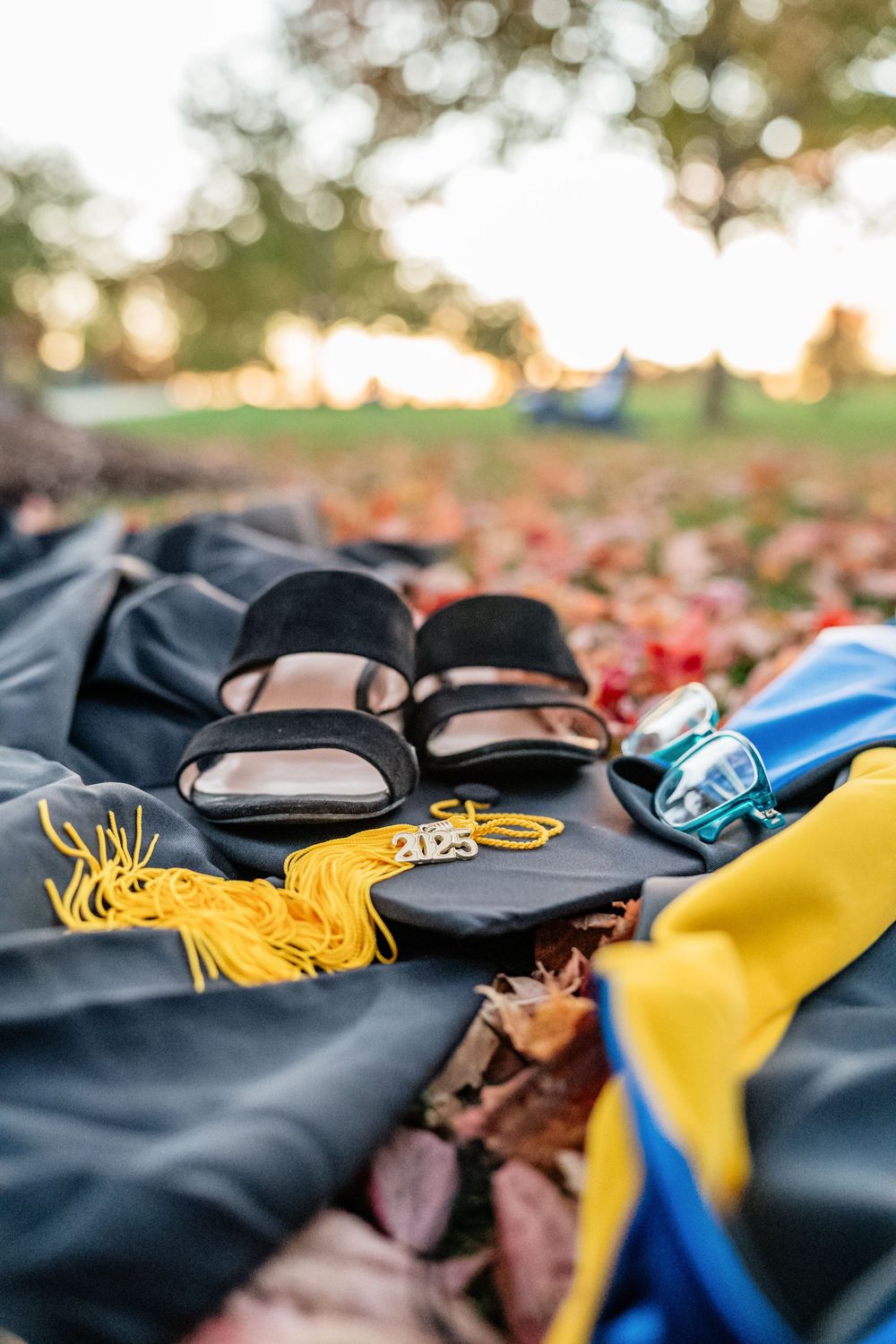 Detail shot of seniors accessories on the ground