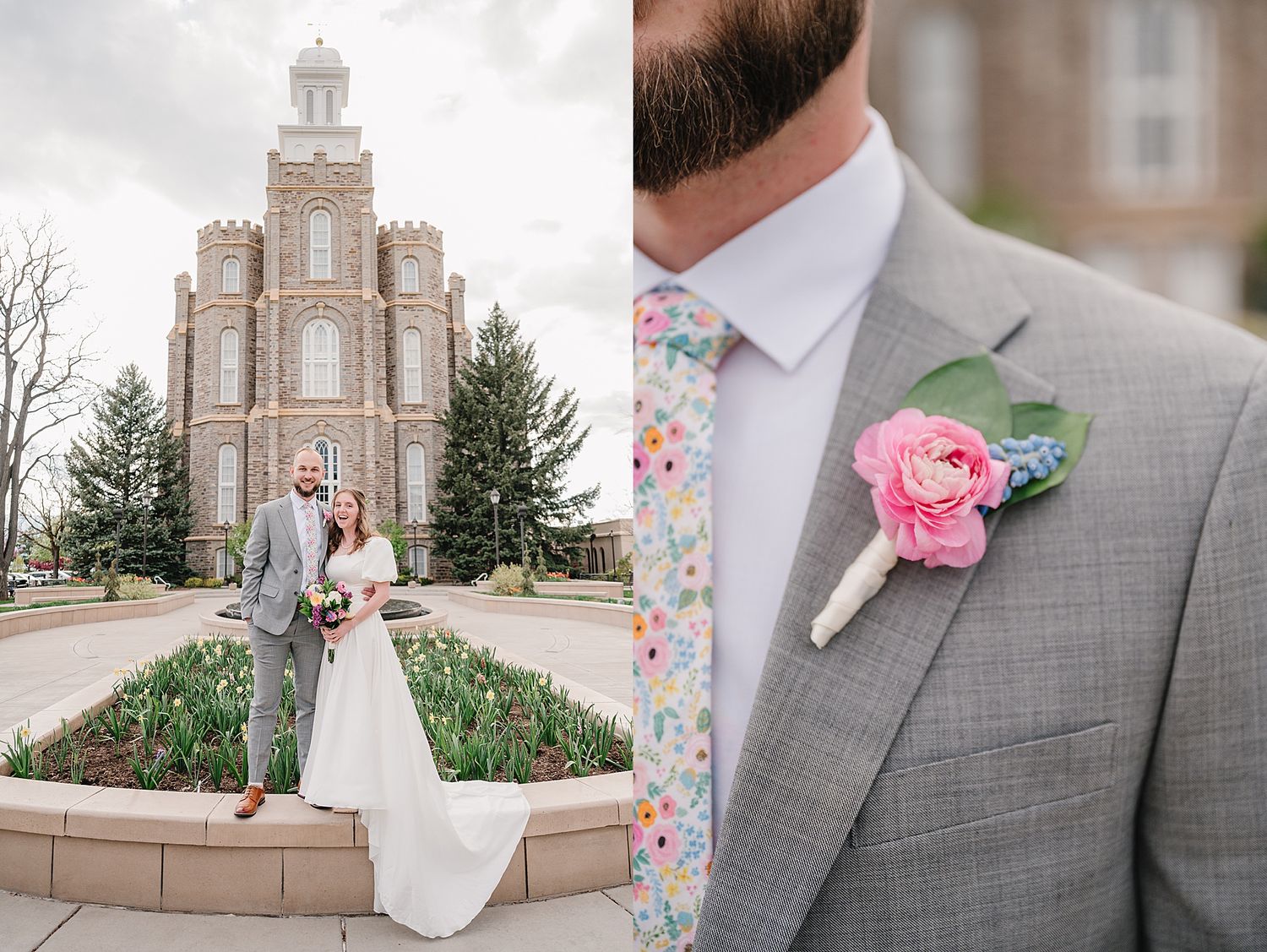 Wedding couple poses by historic brick temple while detail photo shows groom's pink rose boutonniere with gray suit.