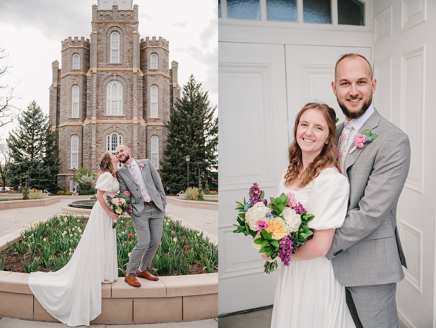 Wedding photos featuring a couple in formal attire outside a historic castle-like building and in a white doorway.
