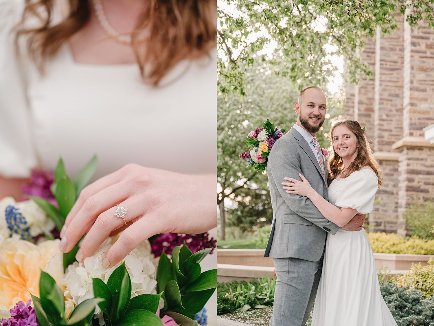 Split image of wedding bouquet details and joyful couple embracing outdoors during spring wedding celebration.