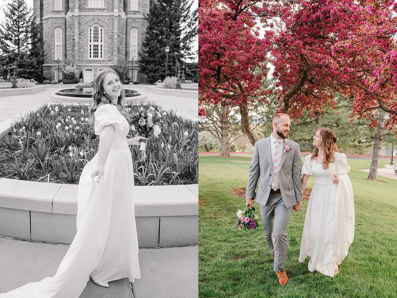 A loving couple strolls through a garden with blooming pink cherry trees while wearing elegant wedding attire.