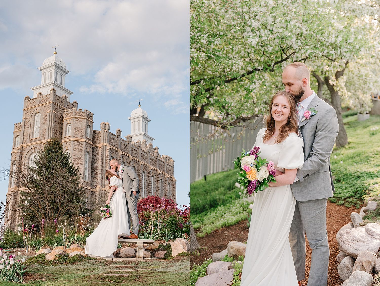 Wedding couple poses in front of ornate brick temple and embraces under blooming spring trees in garden setting.