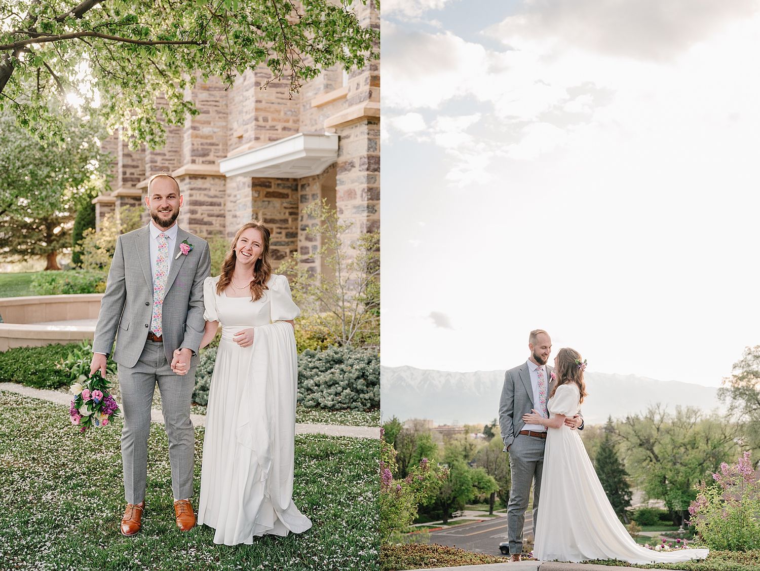 Two wedding portraits capture a couple on their special day beside a historic brick building and on a scenic overlook.