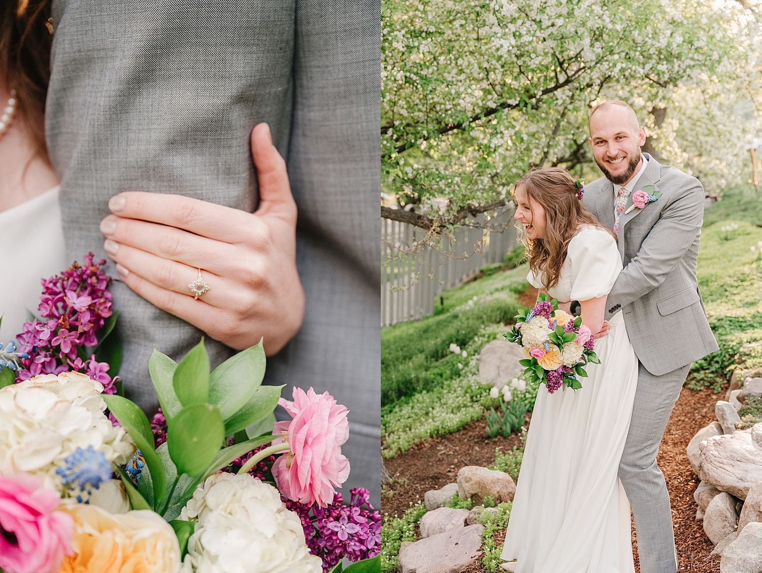 A wedding collage showing a close-up of a floral bouquet and a couple in a garden wearing grey and white attire.