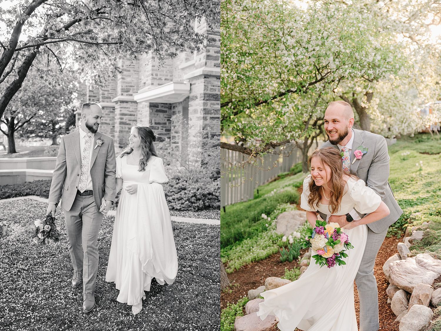 A wedding couple poses together outdoors, showcasing romantic moments in black and white and color split photos.