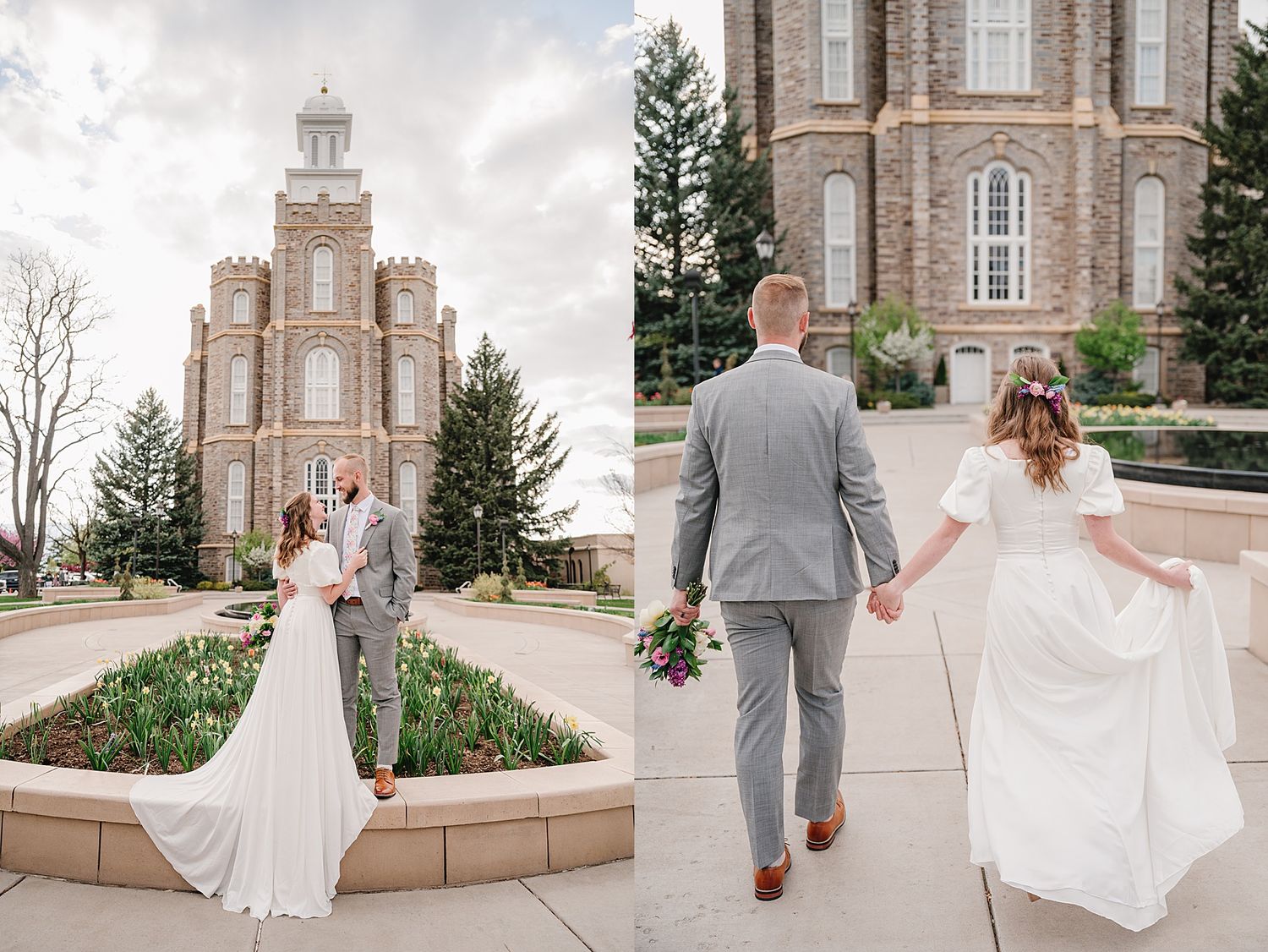 Couple in wedding attire walking hand in hand outside a grand stone church with a clock tower.