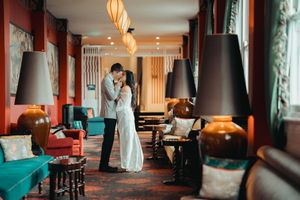 Modern venue interior with moody lighting and contemporary furniture.