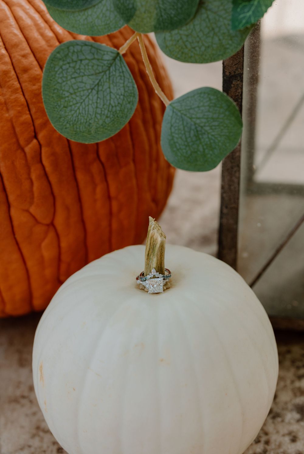 White pumpkin with engagement ring and eucalyptus leaves against orange pumpkin background.