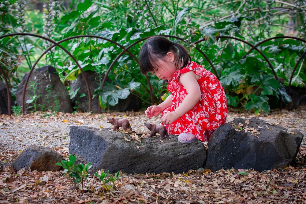 Child in red dress playing with leaves and sticks outdoors in a natural setting.