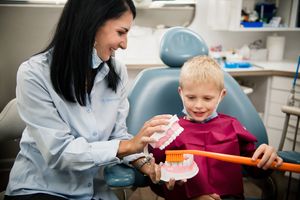 Paediatric dentist using a life-size teeth model to teach a child about proper dental care during a fun, educational moment.