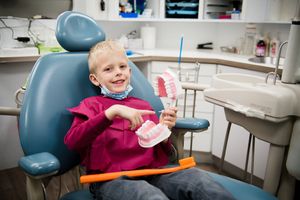 Paediatric dentist vist demonstrating dental hygiene on a life-size teeth model while engaging a curious young patient.