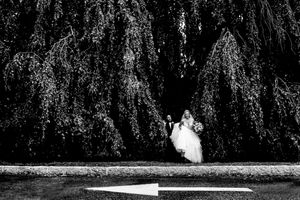 Bride in white gown stands beneath dramatic weeping willow tree in black and white wedding photo.