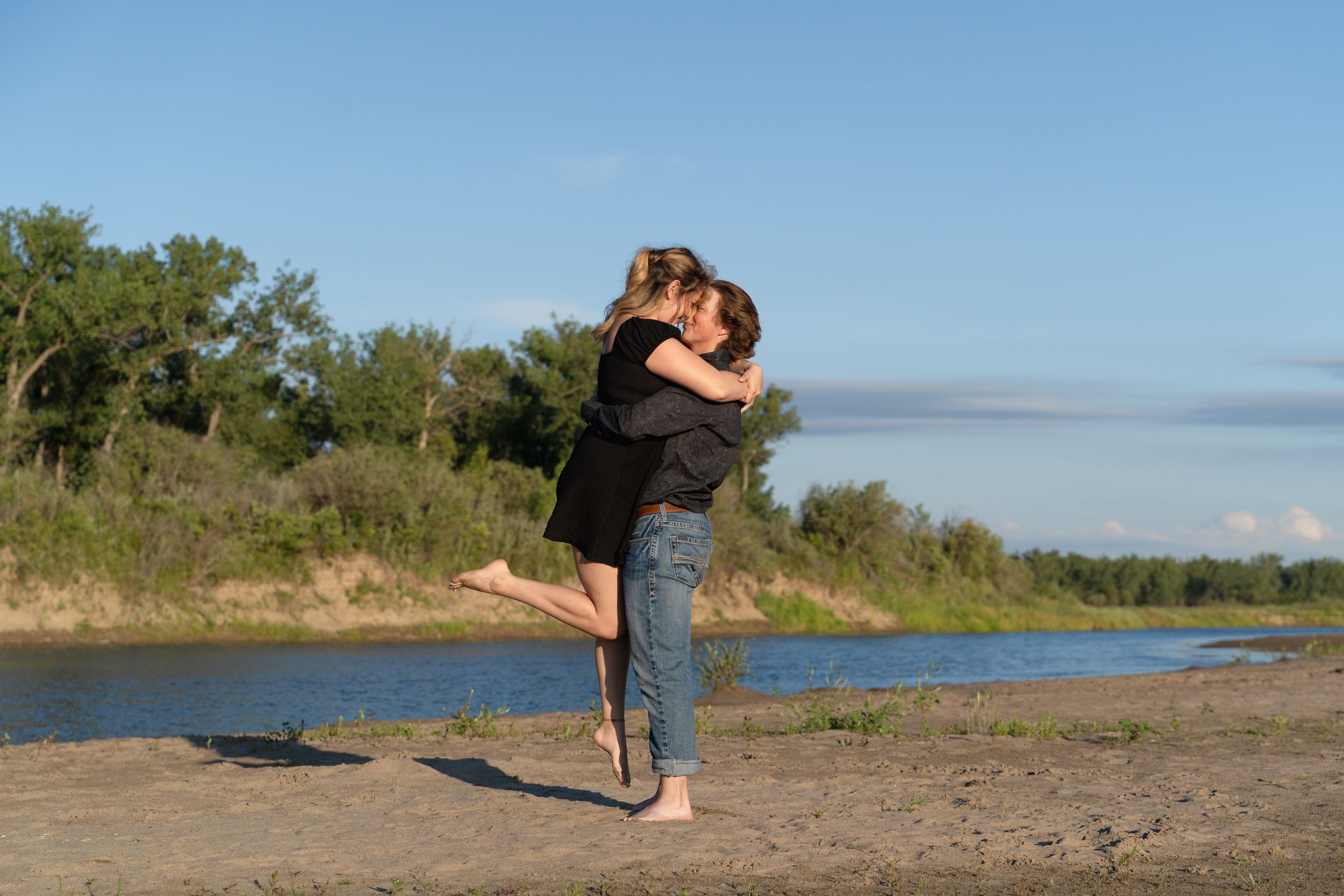 A sequence of six action shots shows a person jumping horizontally across a scenic outdoor lake view.