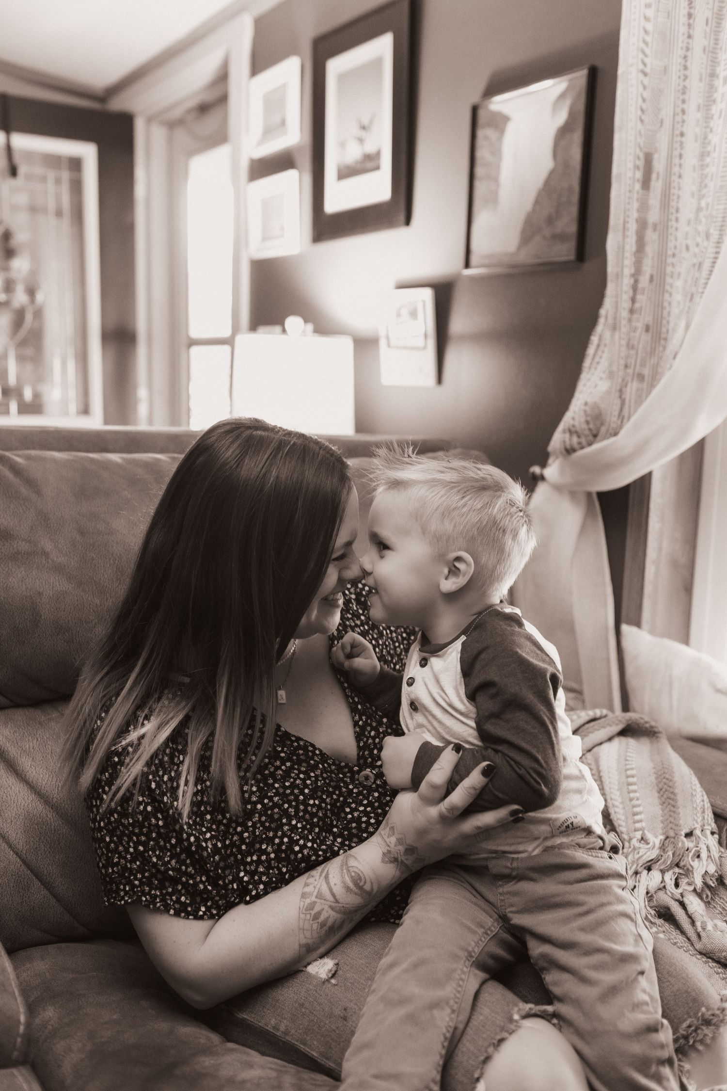 Mom and son embrace during a lifestyle shoot at their home near Middletown, OH. Photographed by Vicci Photo of Dayton, OH