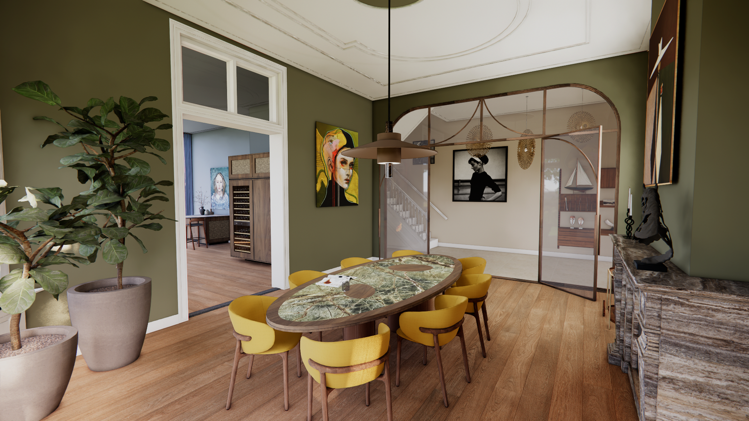 Elegant dining room with marble table, yellow chairs, green walls, and modern pendant lighting.