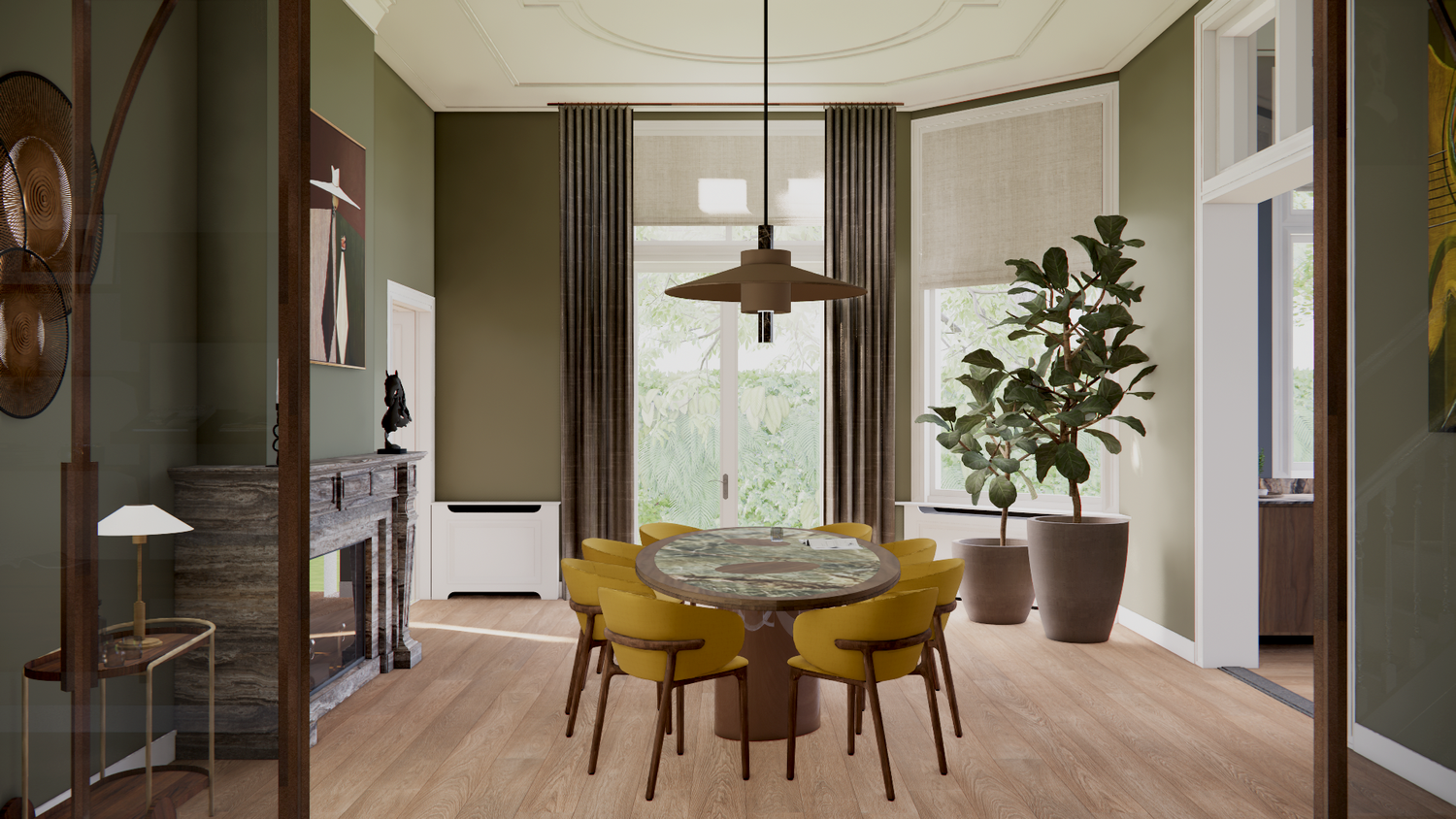 Round dining table with mustard yellow chairs surrounded by potted plants and tall windows.
