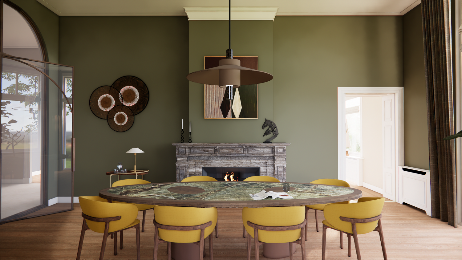 Modern dining area featuring marble table, yellow chairs, and decorative wall accents against sage green walls.
