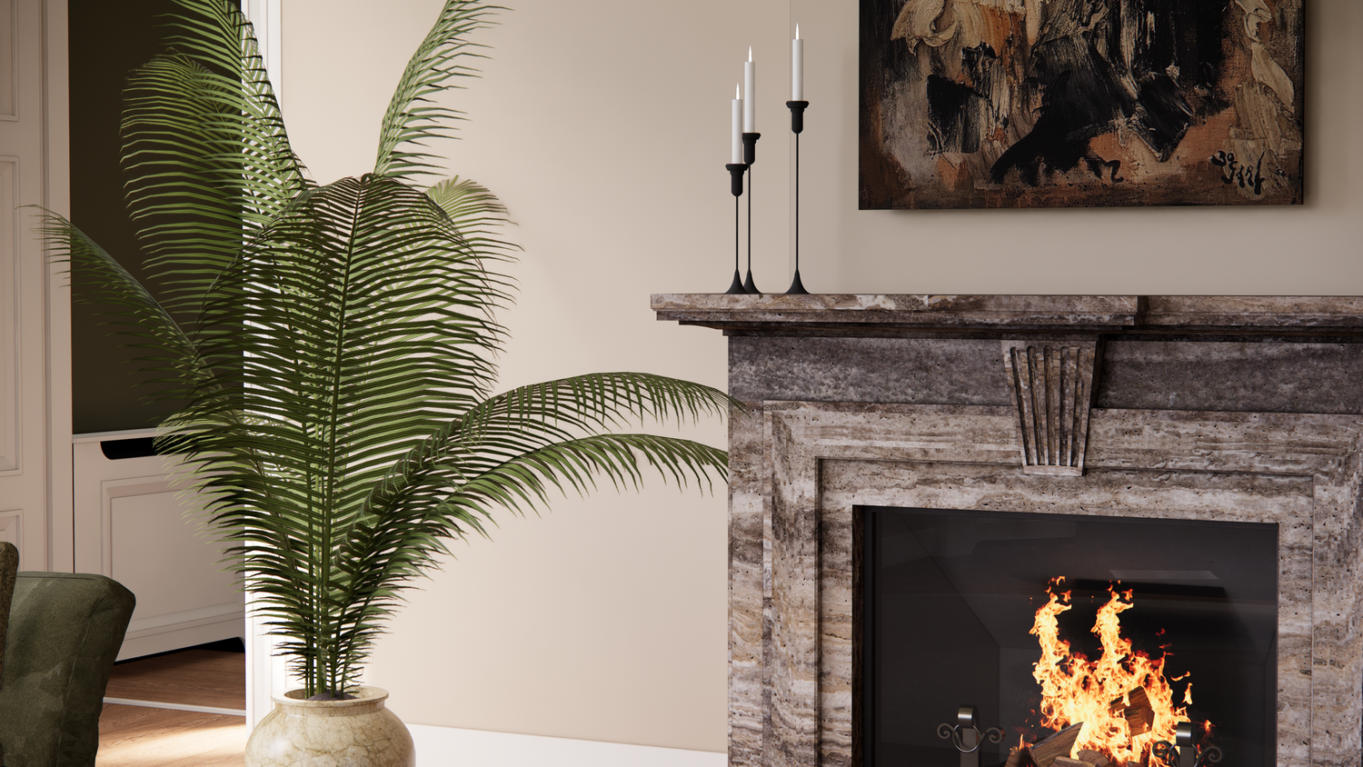 A cozy living room corner with a rustic stone fireplace, burning flames, and a large potted palm plant beside it.
