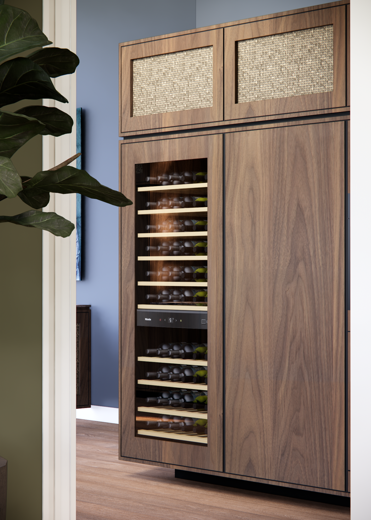 Modern built-in wine cooler cabinet with wooden panels and multiple storage shelves displayed in a contemporary interior setting.