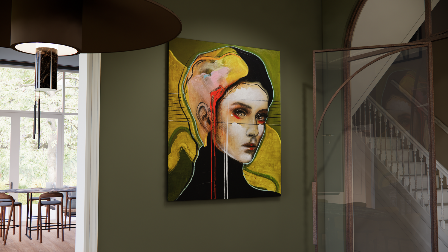 Modern art gallery interior with colorful portraits displayed on gray walls under pendant lighting.