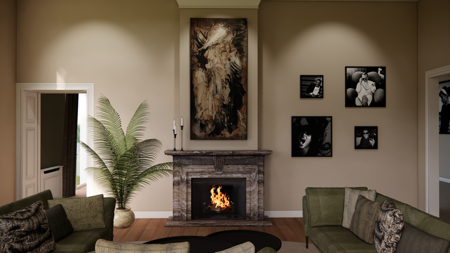Modern living room interior with black and white artwork, potted palm plant, and contemporary furniture arrangement.