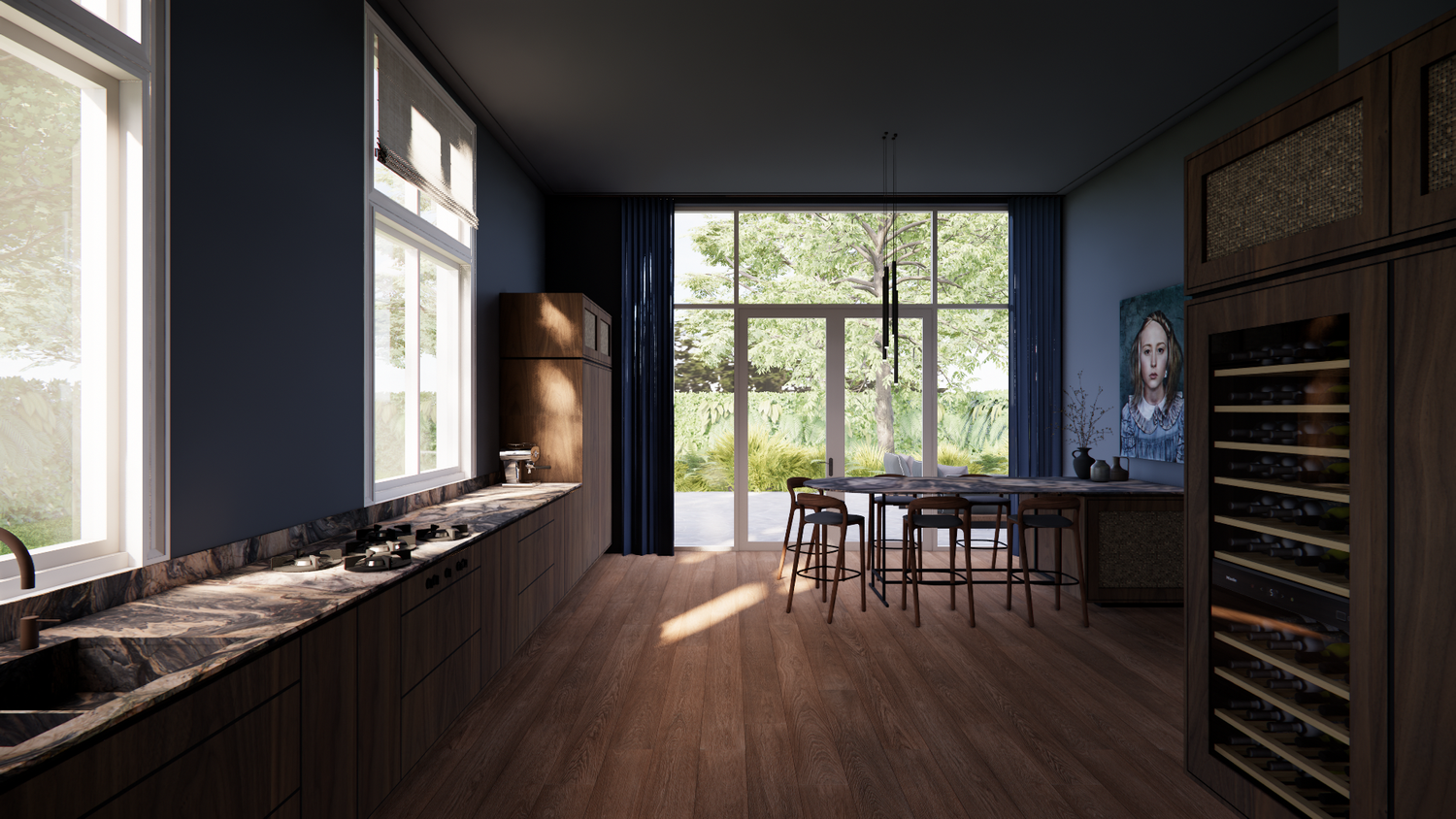 Dark blue dining room with large windows, wooden flooring, and minimalist furniture design.
